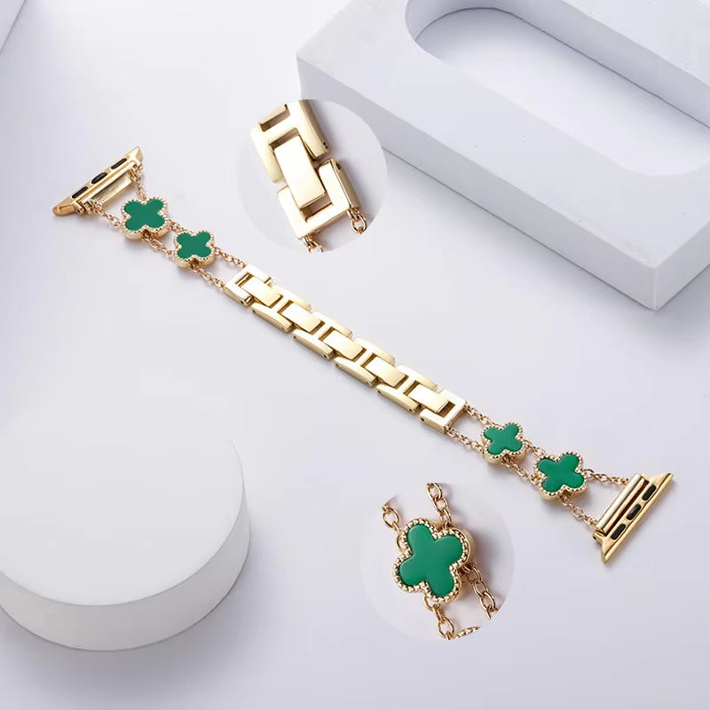 Luxury Design Lady Four-Leaf Clover Women Bracelet Metal Watchband Stainless Steel Watch Band Strap for Apple Watch